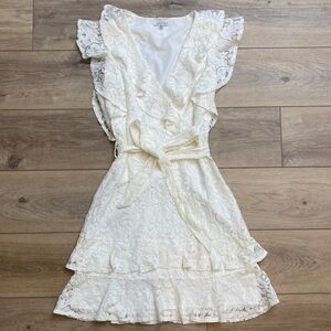 Lucy Paris White Lace Mini Dress with Ruffle Trim